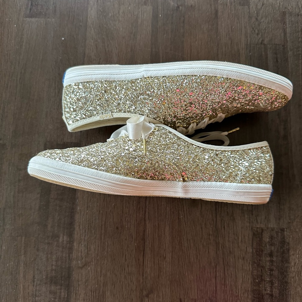 Keds Kate Spade Champion Glitter Platinum Gold Satin Lace Sneakers Shoes US 7.5